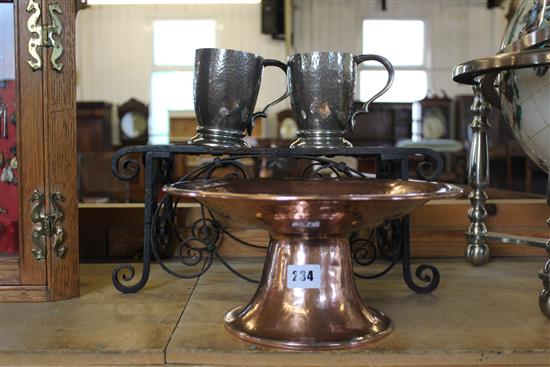 Pair Liberty tuderic tankards, copper tazza & wrought iron trivet